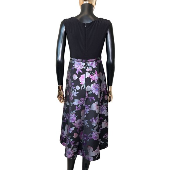 R&M Richards Petite 4 Black Purple Floral Fit & Flare Belted Holiday Party Dress - Picture 3 of 12